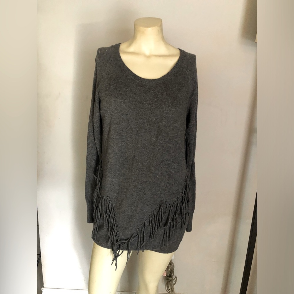 INC International Concept Fringe Gray Silk Cashmere Blend Sweater Size Large
